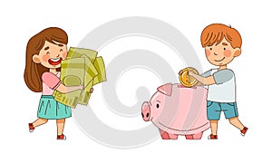 Little Boy and Girl with Dollar Coin and Piggy Bank Vector Illustration Set