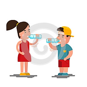 Little boy and girl drinks water vector illustration. Kids drinking clean isolated on white background