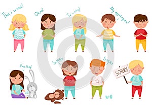 Little Boy and Girl Feeling Sorry and Expressing Regret for Bad Thing Vector Set