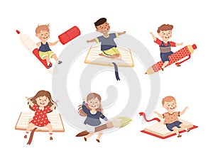 Little Boy and Girl Flying on Book and Pen Ready to Study Vector Illustration Set