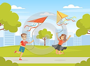 Little Boy and Girl Flying Kite Holding It by String Playing Outdoor Vector Illustration