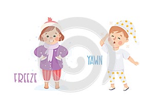 Little Boy and Girl Freezing and Yawning Demonstrating Vocabulary and Verb Studying Vector Set