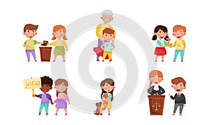 Little Boy and Girl Giving Oath on Bible and Protecting Weak Playing Fair and Honestly Vector Illustration Set