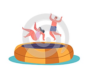 Little Boy And Girl Having Fun Jumping On Trampoline At Summer Vacation Or Weekend. Kids Joy, Childhood