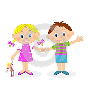 Little boy and girl holding hands and waving