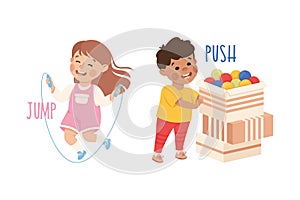 Little Boy and Girl Jumping Rope and Pushing Cardboard with Balls Demonstrating Vocabulary and Verb Vector Set