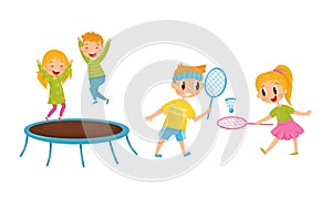 Little Boy and Girl Jumping on Trampoline and Playing Badminton Vector Illustration Set