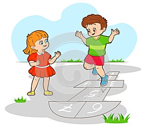 Little boy and girl jumping up Playing hopscotch. Vector illustration ,cartoon flat style