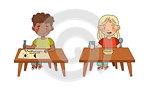 Little Boy and Girl in Kindergarden Drawing with Pencil and Eating Breakfast Vector Illustration Set