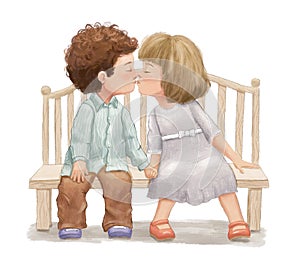 Little boy and girl kissing. Hand painted watercolor cute illustration for children. Kids on bench