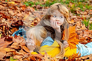 Little boy and girl laying in autumn park. Colorful foliage, maple leaves. Beautiful fall time in nature.