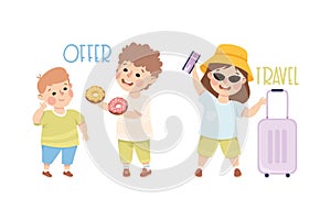 Little Boy and Girl Offering Donuts and Travelling with Suitcase Demonstrating Vocabulary and Verb Studying Vector Set