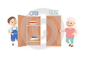 Little Boy and Girl Opening and Closing Door Demonstrating Vocabulary and Verb Vector Set