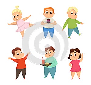 Little Boy and Girl with Overweight and Body Fat Vector Set