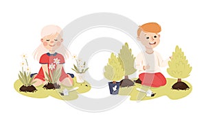 Little Boy and Girl Planting Tree and Flower in Soil Caring About Nature and Planet Vector Set