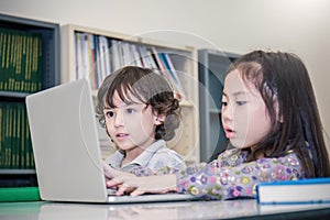 Little boy and girl playing computer games. Small boy and girl tying with laptop