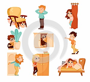 Little Boy and Girl Playing Hide and Seek Game and Having Fun Vector Set