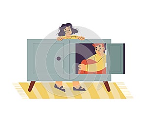 Little Boy and Girl Playing Hide and Seek Game Sitting in Cupboard Vector Illustration