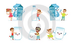 Little Boy and Girl Playing with Humanized Milk in Glass and Carton Vector Set