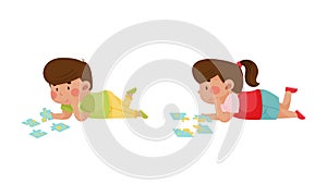 Little Boy and Girl Playing with Jigsaw Puzzle in Playroom Vector Set