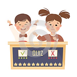 Little Boy and Girl Playing Quiz Game or Mind Sport Standing at Press Button Answering Question Vector Illustration