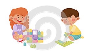 Little Boy and Girl Playing with Toy Blocks and Jigsaw Puzzle in Playroom Vector Set