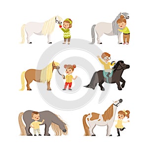 Little Boy and Girl with Pony Horse Riding and Care of It Vector Set