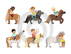 Little Boy and Girl with Pony Horse Riding and Care of It Vector Set