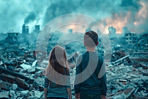 Little boy and girl, sad alone children, ruined house, destroyed city street post apocalyptic scene.