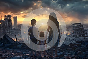 Little boy and girl, sad alone children, ruined house, destroyed city street post apocalyptic scene.