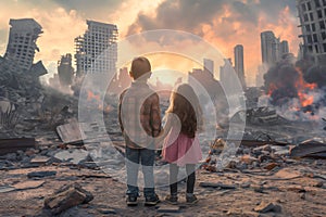 Little boy and girl, sad alone children, ruined house, destroyed city street post apocalyptic scene.