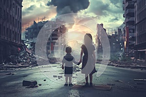 Little boy and girl, sad alone children, ruined house, destroyed city street post apocalyptic scene.