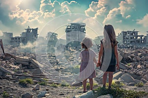 Little boy and girl, sad alone children, ruined house, destroyed city street post apocalyptic scene.