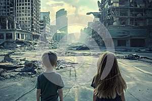 Little boy and girl, sad alone children, ruined house, destroyed city street post apocalyptic scene.