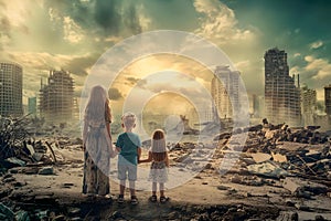 Little boy and girl, sad alone children, ruined house, destroyed city street post apocalyptic scene.