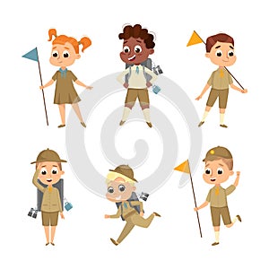 Little Boy and Girl Scout in Khaki Uniform Engaged in Adventure Vector Set