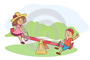 Little boy and girl on seesaw vector illustration. Kids games flat drawing. Happy children playing cartoon characters