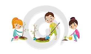 Little Boy and Girl with Shovel Planting Tree and Watering Seedling Vector Illustration Set