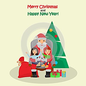 Little boy and girl sit on the Santa Claus knees color illustration