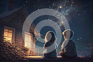 A little boy and a girl are sitting on the roof near a cozy village house. Children look at the night sky, filled with stars