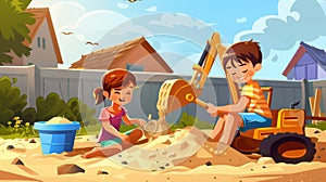 Little boy and girl sitting in sand box with toys playing with excavator and plastic bucket. Kids outdoor fun, summer