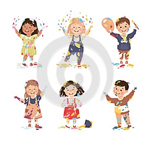 Little Boy and Girl Smeared in Paints Holding Artist Brush Vector Illustration Set