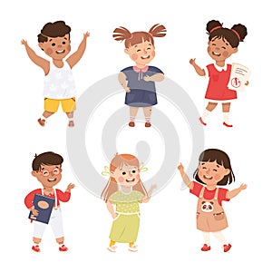 Little Boy and Girl Standing and Talking to Each Other Engaged in Friendly Communication Vector Set