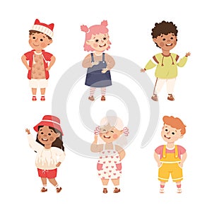 Little Boy and Girl Standing and Talking to Each Other Engaged in Friendly Communication Vector Set