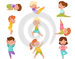 Little Boy and Girl Standing in Yoga Pose Breathing Deeply Vector Illustrations Set