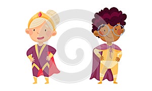 Little boy and girl in superheroes costumes set. Kids having fun at carnival or birthday party cartoon vector