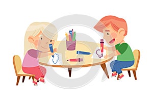 Little Boy and Girl at Table Drawing with Felt Pens in Kindergarden Vector Illustration