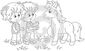 Little boy and girl treating foal with a cookie