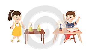 Little Boy and Girl Working on Physics Science Experiment with Crystal Ball and Candle Vector Set