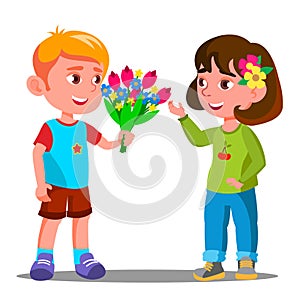 Little Boy Gives The Flowers To The Little Girl Vector. Isolated Illustration